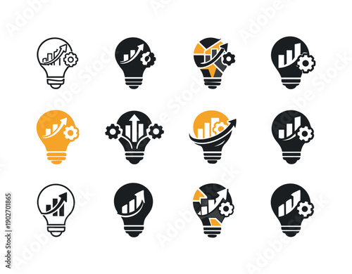 Creative entrepreneurship. Icon set. Set Logo of Creative entrepreneurship: lightbulb with business elements. harmonious logo variations of