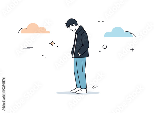 Inner sadness. A solitary person standing with hands in pockets, head slightly down, surrounded by empty space and light abstract clouds.