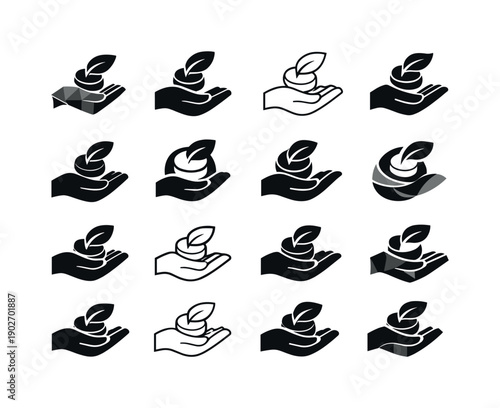 Ethical investing platforms. Icon set. Set Logo of Ethical investing platforms: hand holding coin with leaf. harmonious logo variations of
