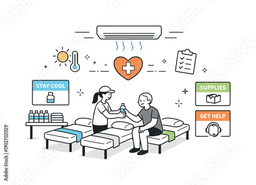 Emergency heat relief space. A community shelter room with simple beds, cool air vents, and signage for assistance and supplies, expressing