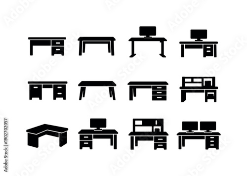 Desk. Solid icon set of Desk: office desk, writing desk, standing desk, computer desk, wooden desk, minimalist desk, desk with drawers, desk