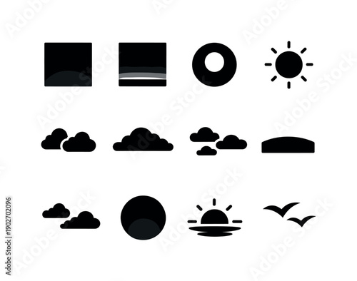 Daytime Sky Icons. Daytime Sky Gradient. Solid icon set of daytime sky gradient: blue sky gradient, light blue horizon, bright sky, clear weather, soft cloud