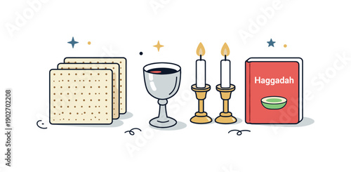 Symbols of Passover. Minimal editorial illustration featuring matzah, wine cup, candles, and Haggadah arranged in a balanced layout. The