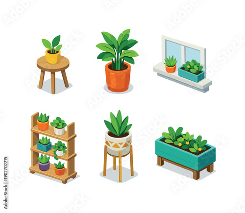 Home decor. Isometric flat vector icons set of Home decor: plant on side table, floor plant pot, window sill plant, plant shelf unit,