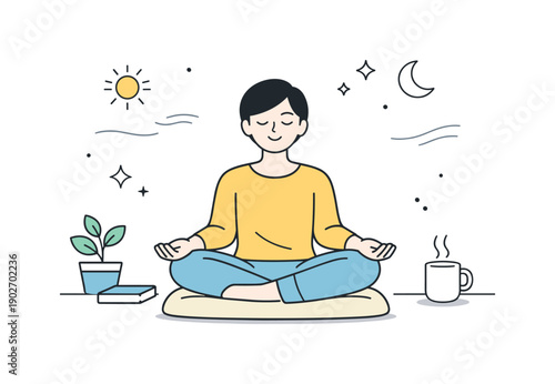 Mindful relaxation. A person enjoys a calm pause away from screens, focusing on rest and presence. Gentle, uncluttered composition with light