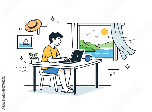 Tranquil Remote Work. Freelancers working from summer houses. A freelancer sits at a simple desk near an open window in a summer house, laptop open, light