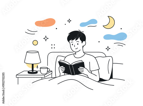 Peaceful Reading Night. Night routine reading. Person sitting in bed with a book, bedside lamp glowing softly, abstract calm shapes floating around. Quiet