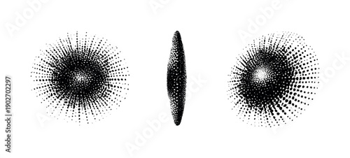 Radial dot burst wallpaper tile illustrated as one abstract circular pattern object presented in three views: front view, side view, and