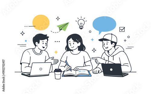 Students group study. Three students collaborating over notes and laptops, discussing ideas, abstract floating shapes highlighting teamwork