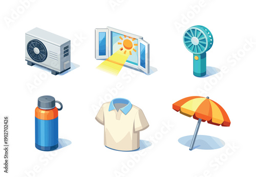 UrbanHeat. Isometric flat vector icons set of UrbanHeat: air conditioner outdoor unit, open window with sunlight, handheld fan, insulated