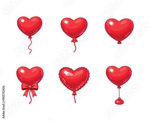Heart Balloon Icons. Heart balloon. Isometric flat vector icons set of heart balloon: single heart helium balloon, heart balloon with string knot, glossy heart