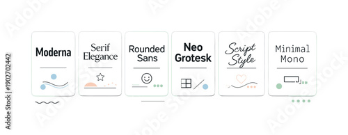 Contemporary font collection. Several modern type styles displayed side by side on cards, suggesting choice and versatility. Clean, editorial