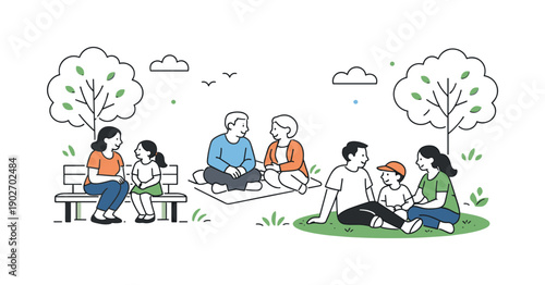 Outdoor family leisure illustration weekend rest. Family members sitting on benches or grass, chatting and relaxing under trees. The mood is