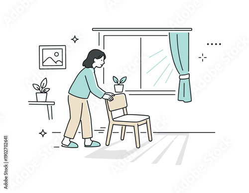 Rearranging furniture for light. A person gently pushes a chair closer to a window, sunlight shapes spreading across the floor. Quiet