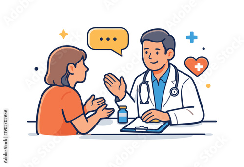 Doctor consultation professional medical visit scene with a doctor listening attentively to a patient, expressing trust, care and clear