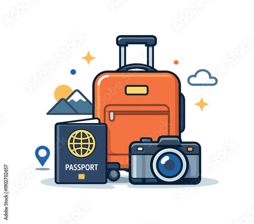 Travel lifestyle a calm scene with luggage, passport, and camera arranged together, conveying readiness for adventure and mindful travel