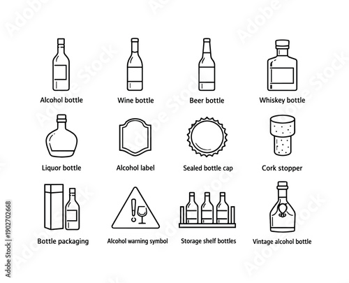 Alcohol. Line icon set of Alcohol: alcohol bottle, wine bottle, beer bottle, whiskey bottle, liquor bottle, alcohol label, sealed bottle cap,