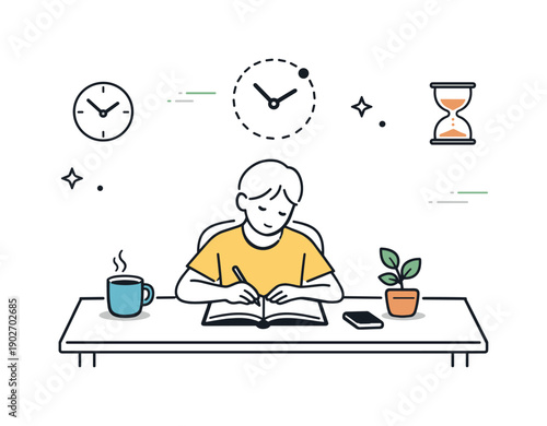 Quiet concentration time. A person working alone in a simple room, clock icons or soft lines suggesting passing time. Peaceful isolation,