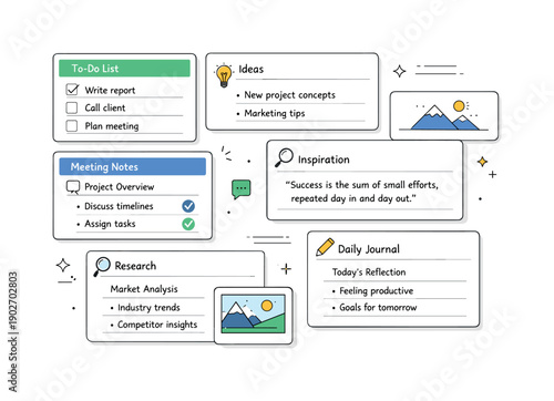 Modular note taking layouts. Editorial-style scene showing clean cards and blocks arranged into a flexible note system, with text snippets