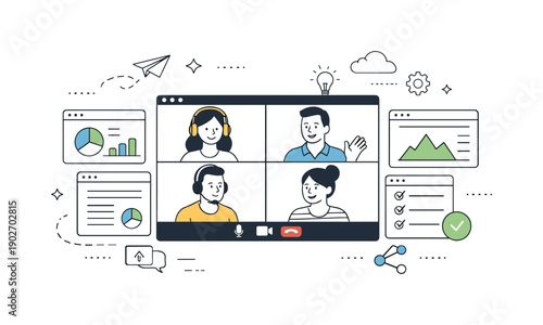 Virtual collaboration. Participants sharing screens and documents in a video call interface, showing teamwork and productivity. Calm digital