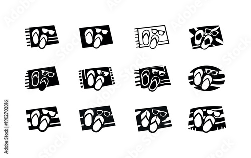 Sandals and sunglasses laid out on a beach towel. Icon set. Set Logo of sandals and sunglasses laid out on a beach towel: vacation