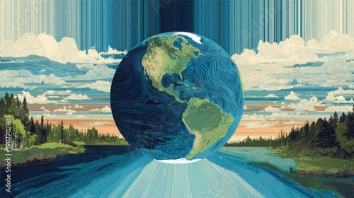 Stylized planet Earth in flowing water and clouds