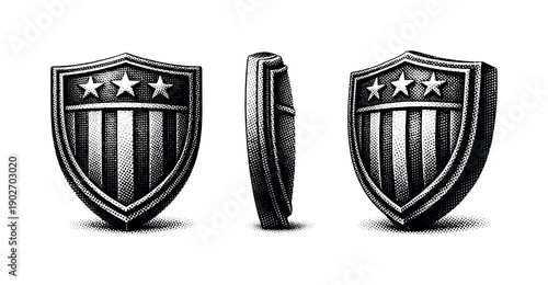 Halftone Sports Emblem Views. Sports team shield emblem object shown in three views including front view, side view, and three-quarter view with realistic