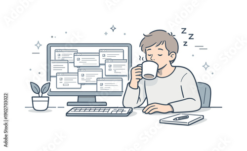 Midweek monotony visuals. Person sipping coffee at a desk, screen filled with similar windows or forms, body language calm but tired. Symbol