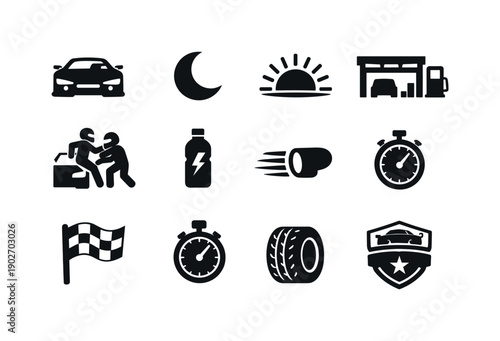 hour race. Solid icon set of hour race: night race car, crescent moon, rising sun, pit lane, driver change, energy drink bottle, headlight
