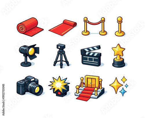 Iconic Red Carpet. Red Carpet. Colorful isometric vector icons set of Red Carpet: rolled red carpet, unrolled red carpet, velvet rope barrier, gold stanchion,