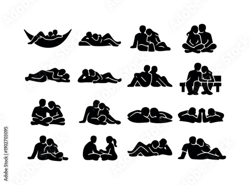 Couple Relaxing. Solid icon set of Couple Relaxing: couple hammock, couple lying together, relaxed couple, resting silhouettes, calm posture