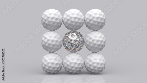 Abstract wall of many nine white and in the middle gem polygonal balls grey gradient background, Balance, Gravity, Exception concept, Matrix of geometric polygonal balls shapes - 3d