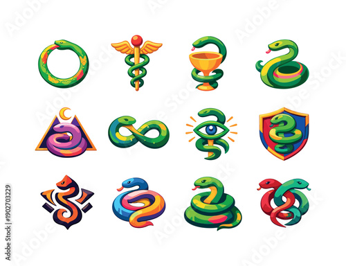 Snake symbols. Colorful isometric vector icons set of snake symbols: ouroboros snake circle, snake and staff symbol, medical snake icon,