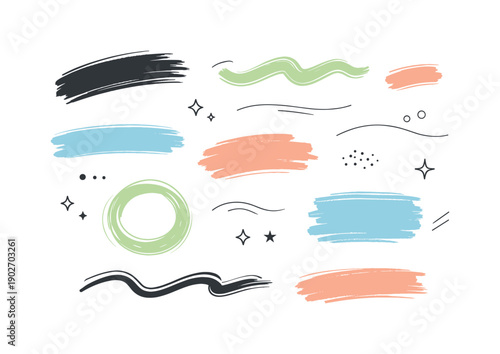 Abstract Paint Strokes. Paint stroke design elements. A clean editorial scene with soft hand-drawn paint strokes arranged as abstract accents, calm creative