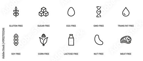 Food Allergy Line Icons Set – Gluten Free, Sugar Free, Egg Free, Lactose Free, Nut Free and Soy Free Outline Symbols for Dietary Restrictions.
