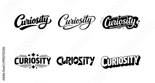 Curiosity first. Set lettering. harmonious lettering variations of the same emblematic concept, each with different artistic interpretation