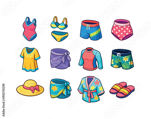Swimwear Styles. Colorful isometric vector icons set of swimwear styles: one-piece swimsuit, bikini set, swim trunks, high-waisted bottoms,