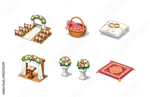 Bridal ceremony. Isometric flat vector icons set of Bridal ceremony: bridal entrance aisle, flower girl basket, ring bearer pillow, wedding