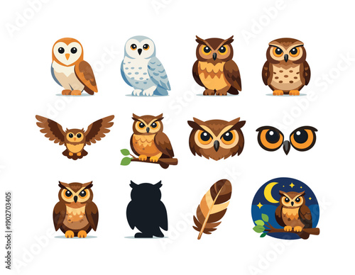 Owls. Colorful flat vector icons set of Owls: barn owl, snowy owl, horned owl, little owl, owl in flight, owl perched on branch, owl face