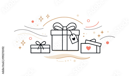 Luxury gift boxes abstract composition. A central gift box surrounded by soft lines, dots, and subtle sparkles, creating a sense of value and