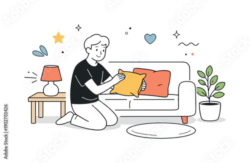 Cozy home transformation. A relaxed person adding cushions or a lamp to a minimal interior, creating warmth and comfort. Friendly atmosphere