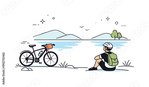 Cyclist's Nature Pause. Bike tours and nature trails. A cyclist pauses near a lake or river, bike resting nearby. Quiet connection with nature, soft