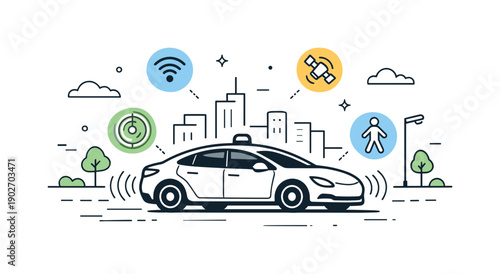 Autonomous Car Journey. Autonomous car on city street. A sleek self-driving car moving along a modern urban road, subtle radar and sensor icons floating, calm
