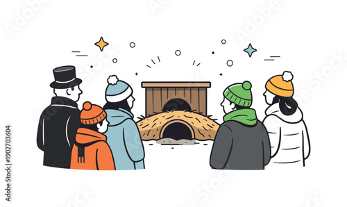Groundhog Day tradition. People standing together near a small stage or burrow, waiting for the groundhog to appear. Calm anticipation,