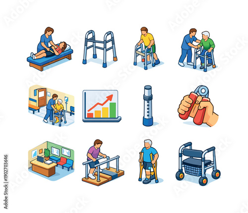 Rehabilitation walking aid. Colorful isometric vector icons set of rehabilitation walking aid: physical therapy session, rehab walker device,