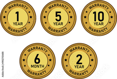 Warranty Badge Set with 1 Year, 5 Year, 10 Year and Month Guarantee Labels Vector