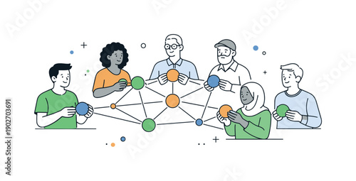 Distributed governance illustration. A group of diverse participants connected by thin lines, each holding equal nodes, symbolizing shared