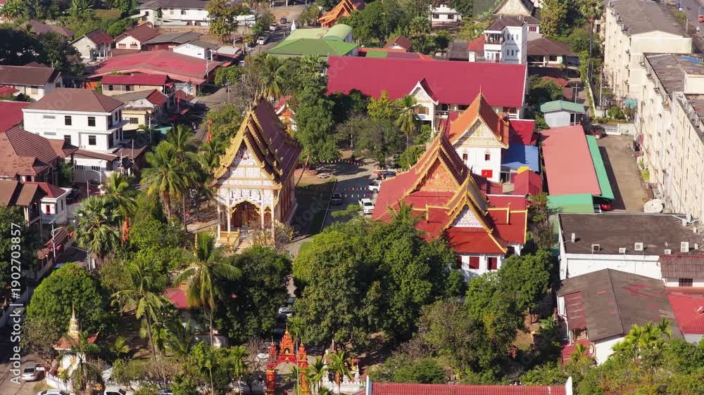 custom made wallpaper toronto digitalAerial moving scene of Buddhist temples, modern buildings and traffic in Vientiane, Laos capital cityscape during day
