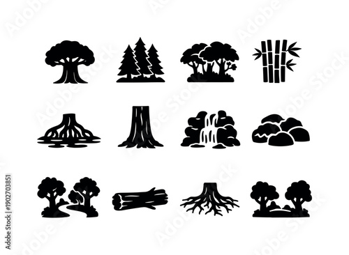 Forest Wonders Icons. Forest Wonders. Solid icon set of Forest Wonders: giant tree, dense forest, jungle canopy, bamboo grove, mangrove roots, redwood trunk,