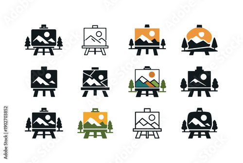 Painting on an outdoor easel. Icon set. Set Logo of Painting on an outdoor easel: portable foldable easel. harmonious logo variations of the